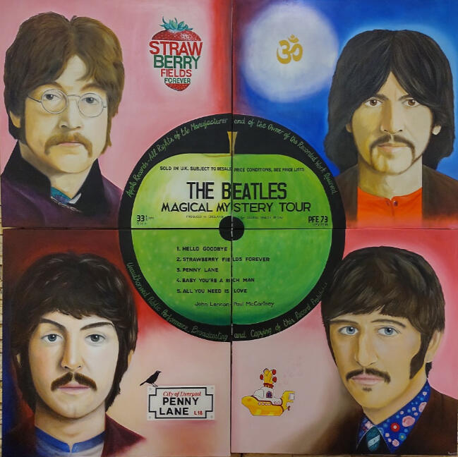 &quot;Strawberry fields&quot;. Homenaje a The Beatles. Óleo sobre tela. 160 x 160 cm.