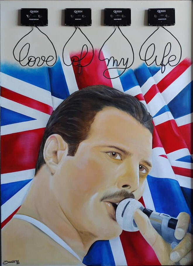 &quot;Love of my life&quot;. Homenaje a Freddie Mercury. Óleo sobre tabla, cassettes y cintas. 105 x 80 cm