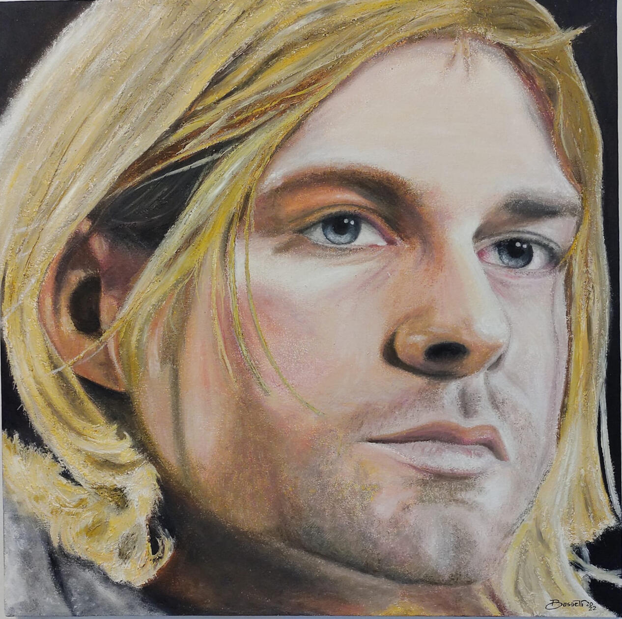 "El ángel dorado". Tributo a Kurt Cobain. Óleo sobre tela, yeso, cola vinilica, enamel dorados. 50 x 50 cm.
