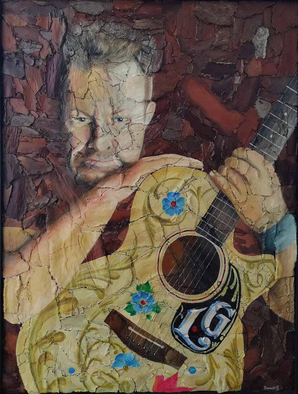 &quot;La memoria del pueblo&quot;. Homenaje a León Gieco. Óleo sobre corteza de arboles. 93 x 70 cm