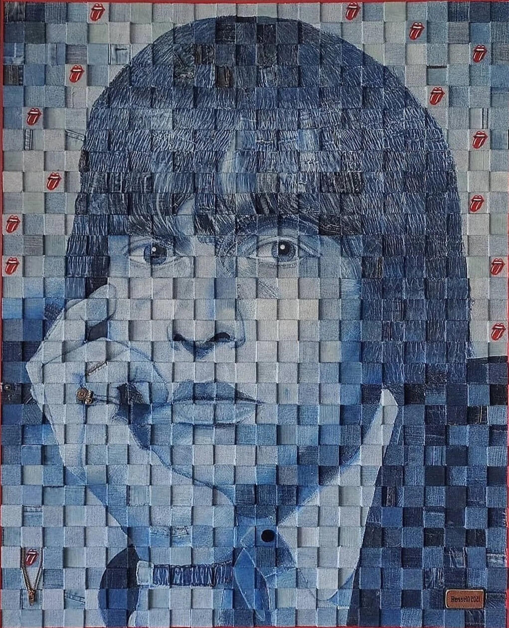 &quot;La primera roca&quot;. Homenaje a Brian Jones. Jean desteñido. 93 x 76 cm