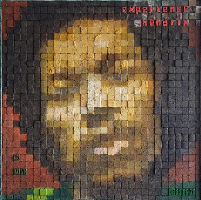 "Experience Hendrix". Homenaje a Jimi Hendrix. Óleo arenado sobre pvc espumado. 97 x 97 cm.