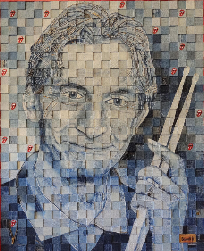 "Charlie 1963 Stone". Homenaje a Charlie Watts. Jean desteñido. 93 x 76 cm.