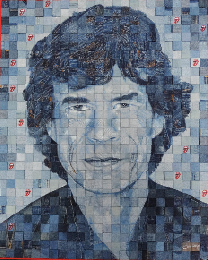 &quot;Enigma y glamour&quot;. Homenaje a Mick Jagger. Jean desteñido. 93 x 76 cm.