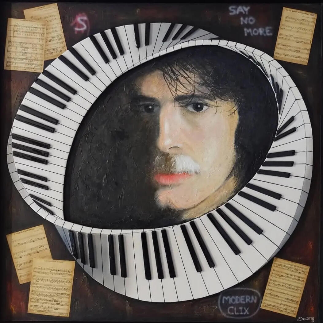 "Inconsciente colectivo". Homenaje a Charly García. Óleo, resina, foamboard, aerografia. 94 x 94 cm