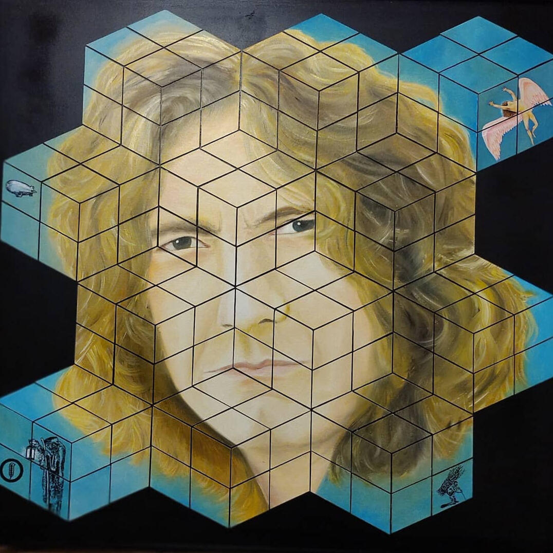 "Kashmir". Homenaje a Robert Plant. Óleo sobre diseño geometrico. 93 x 88 cm