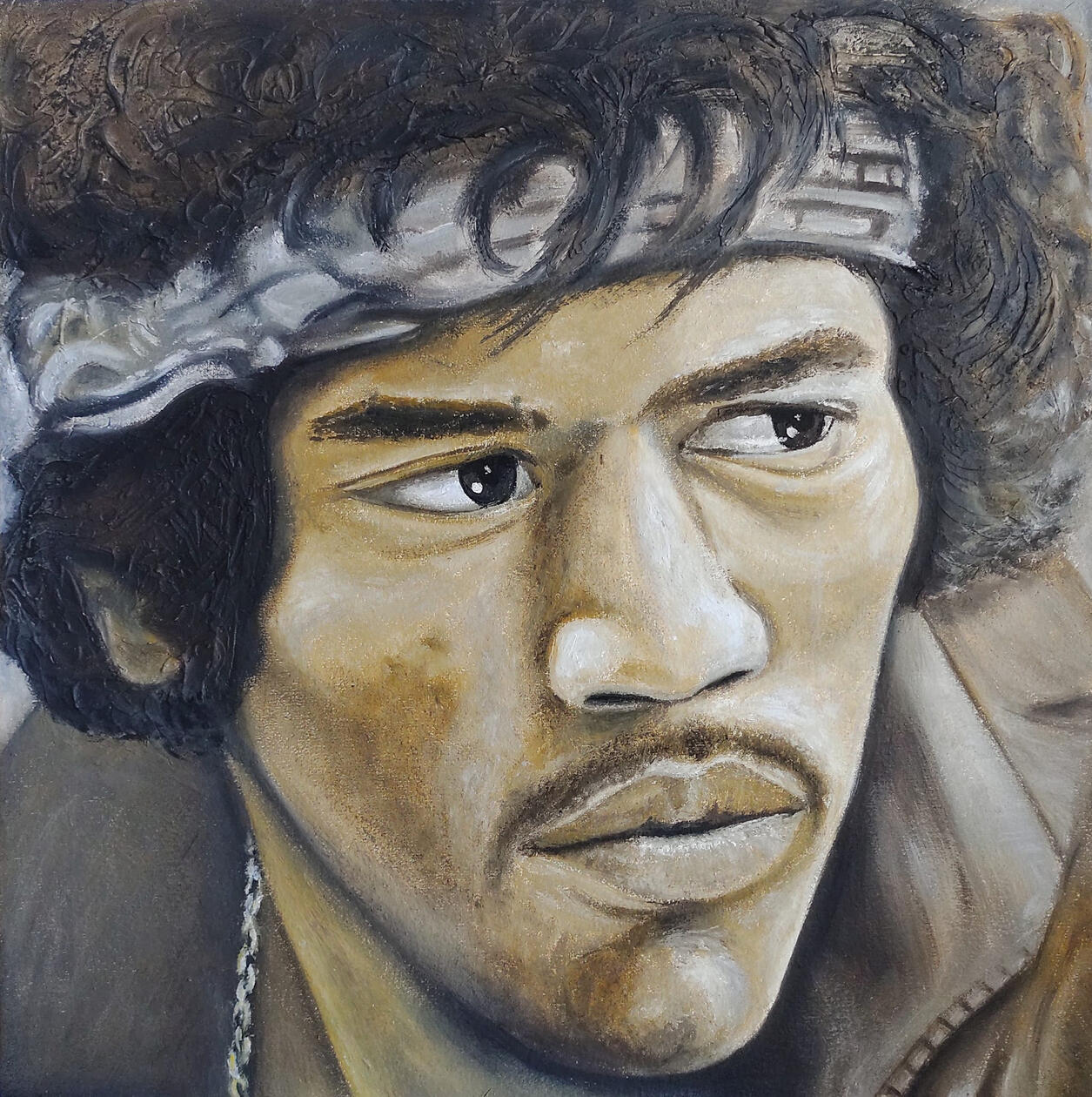 &quot;Voodoo child&quot;. Tributo a Jimi Hendrix. Óleo sobre tela, yeso y cola vinílica. 50 x 50 cm.