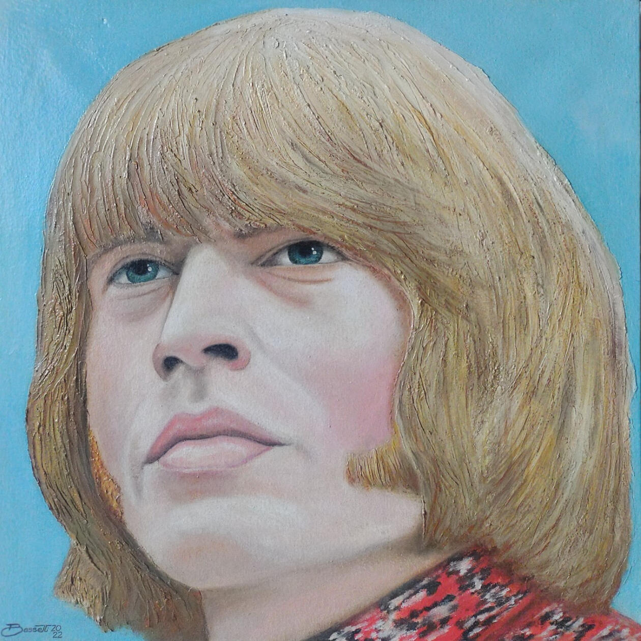 &quot;El primer Stone&quot;. Tributo a Brian Jones. Oleo sobre tela, yeso y cola vinilica. 50 x 50 cm.